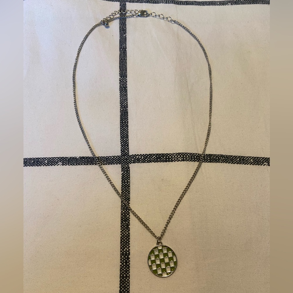 Silver Necklace with Green Checkerboard Pendant